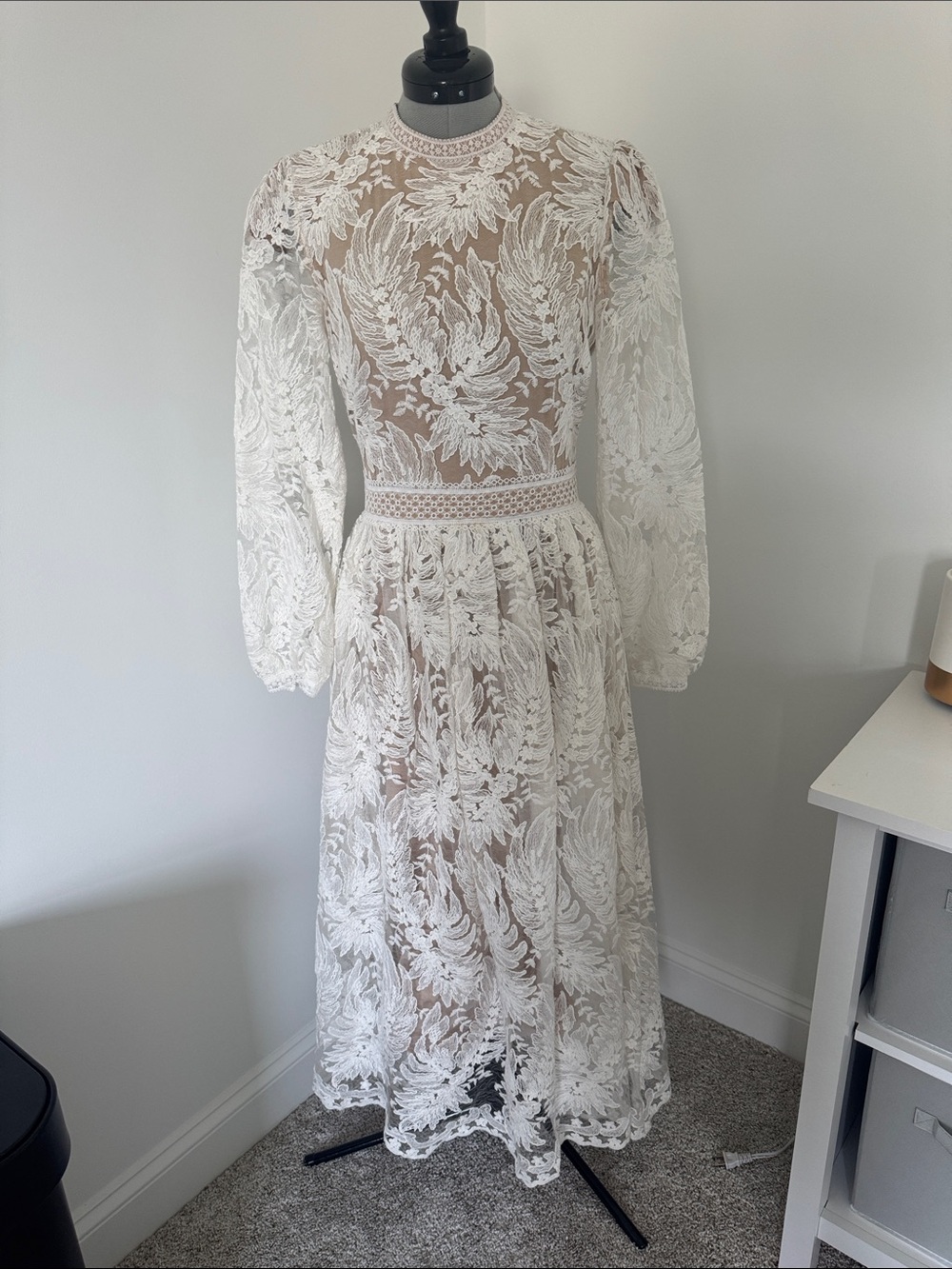 Ivy City Co Elegant White Lace Midi Dress with High Neck